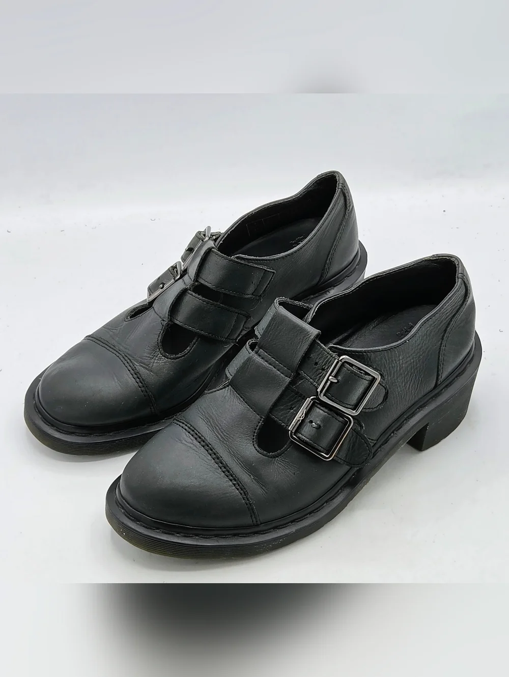 Dr. Martens 8065 Double Strap Heeled Mary Janes - Dark Grey Leather Size 9